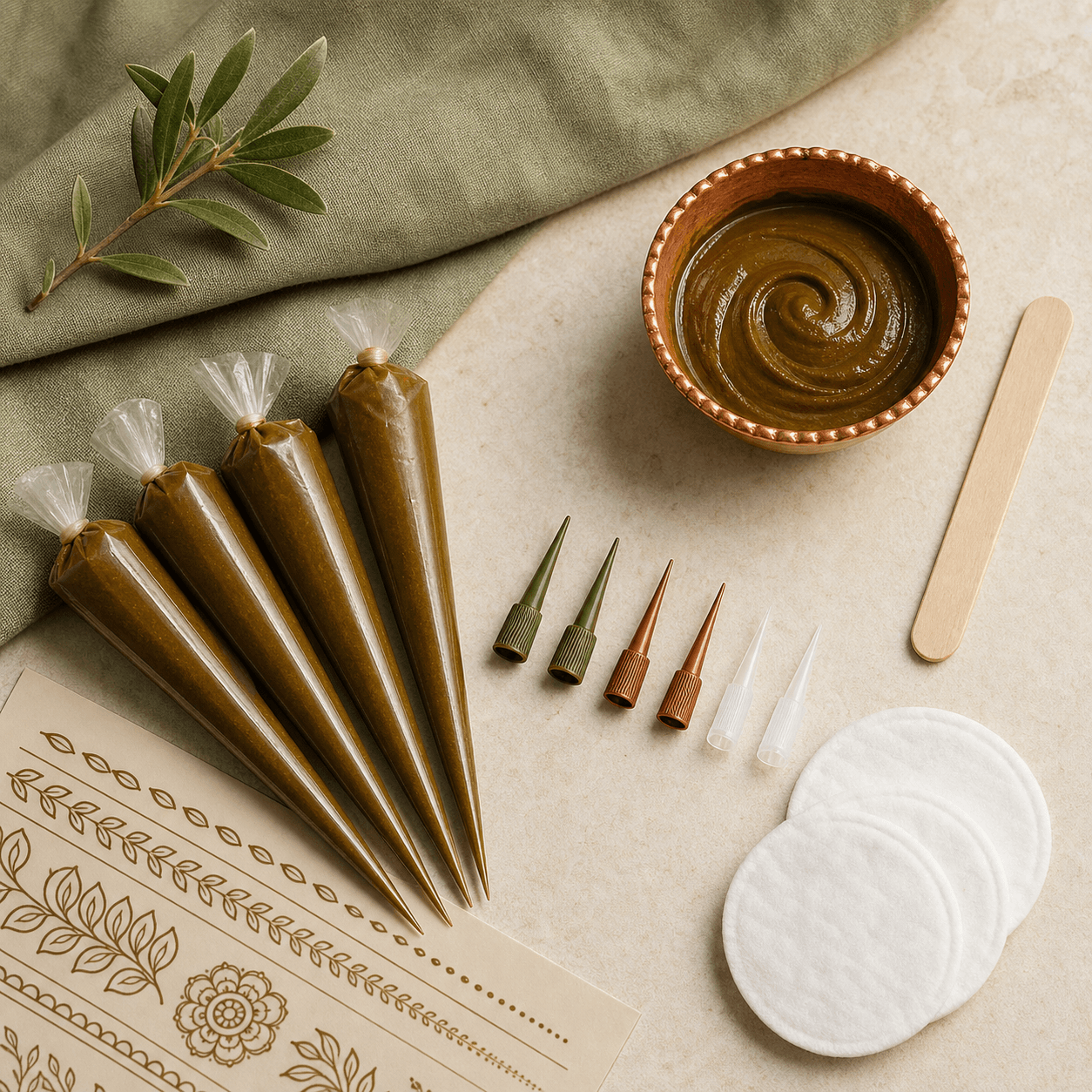 Henna cones, applicator tips and practice supplies