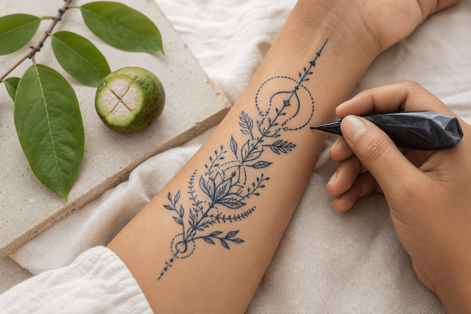 Developed blue-black jagua temporary tattoo on skin