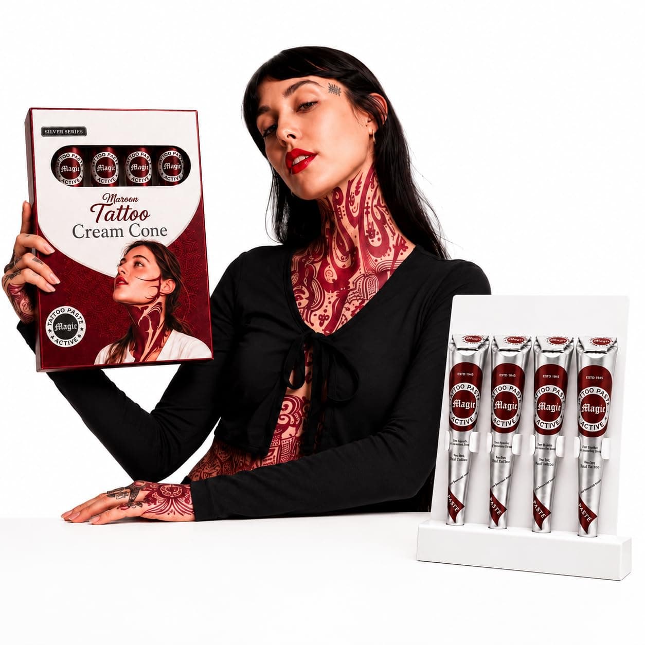 GOL Silver Series Maroon Temporary Tattoo Cones – Pack of 4×28g – Water-Resistant Body Art Paste