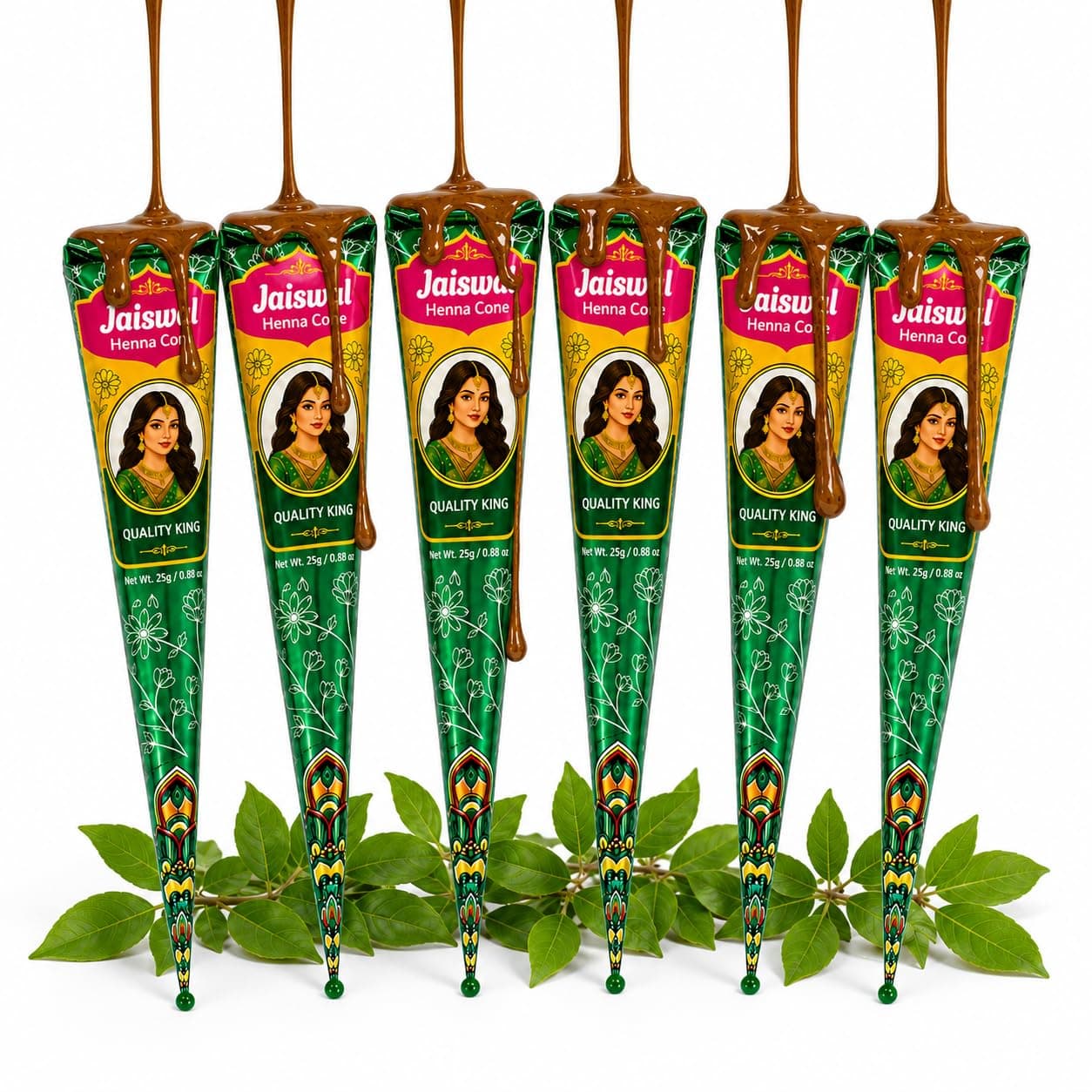 Jaiswal Natural Henna Cones for Hair Color | Essential Oil Henna Paste | Pack of 6×26g