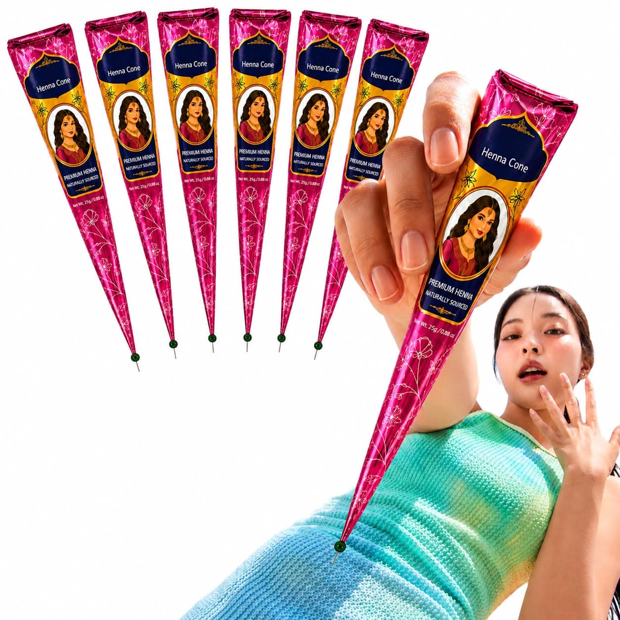 SS Pink Natural Henna Cones for Hair Color | Essential Oil Henna Paste | Pack of 6×26g | Gift Box