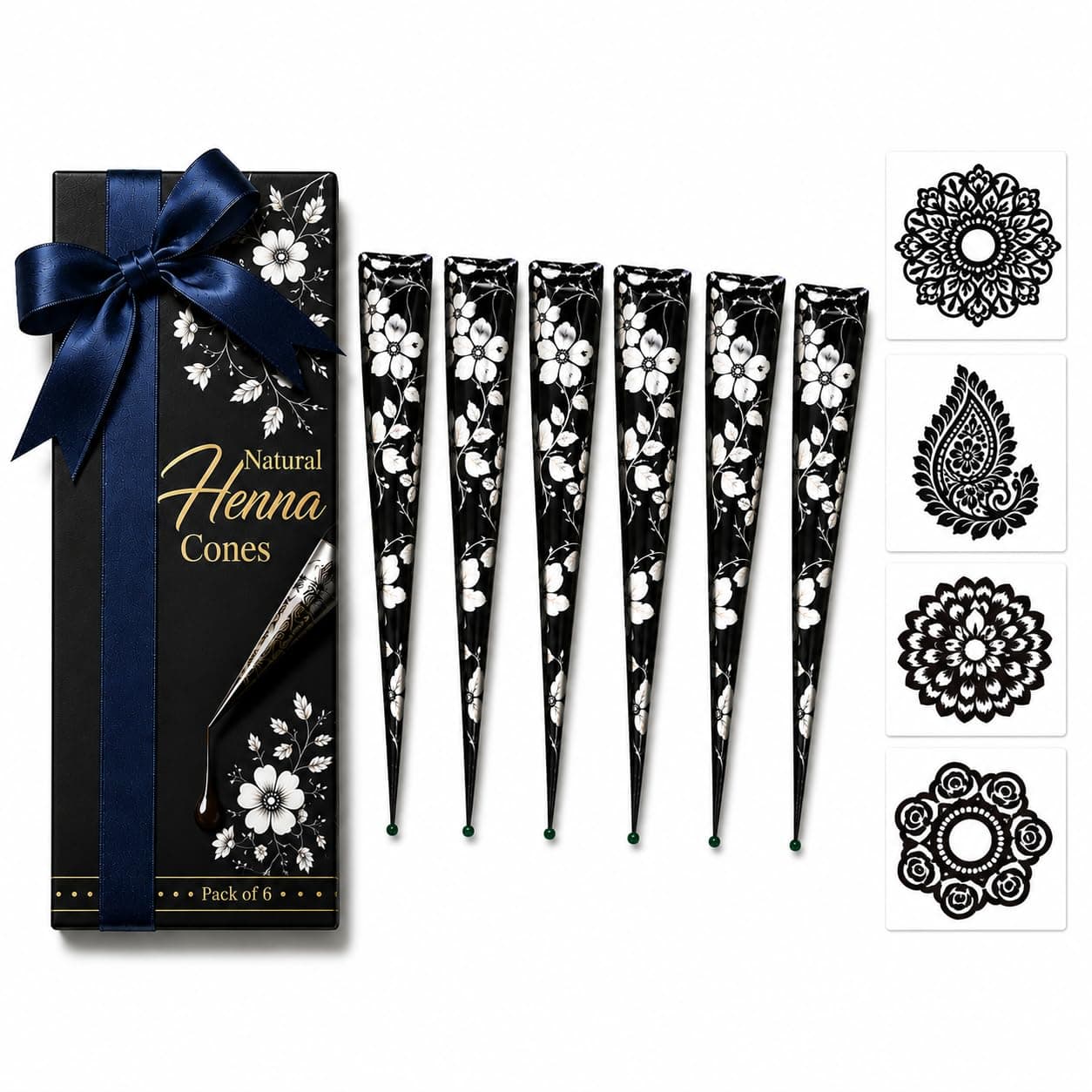 Black Flora Natural Henna Cones for Hair Color | Essential Oil Henna Paste | Pack of 6×26g