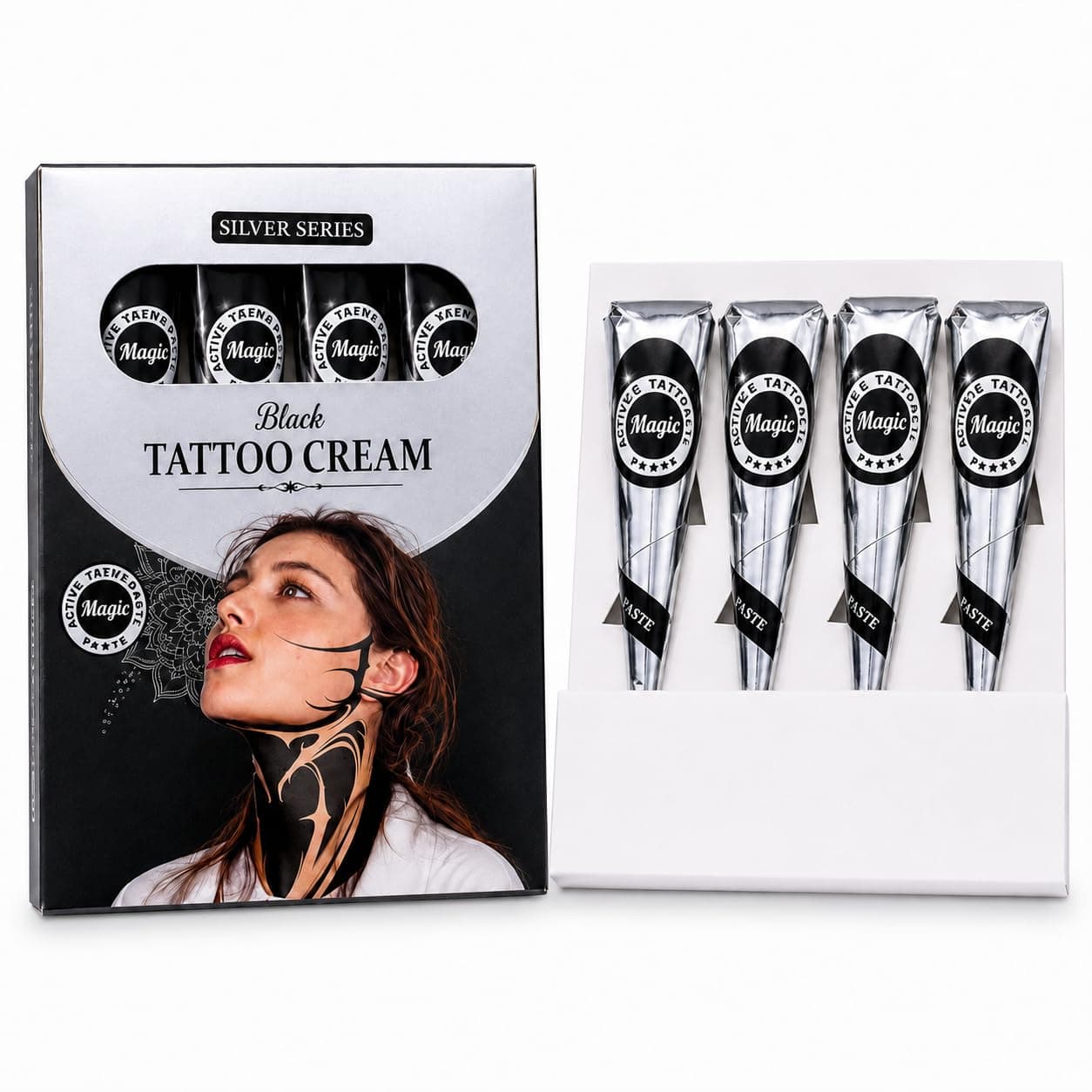 Silver Series Black Temporary Tattoo Cones Pack of 4 – Ready-to-Use Body Art Paste – 25–28g Each