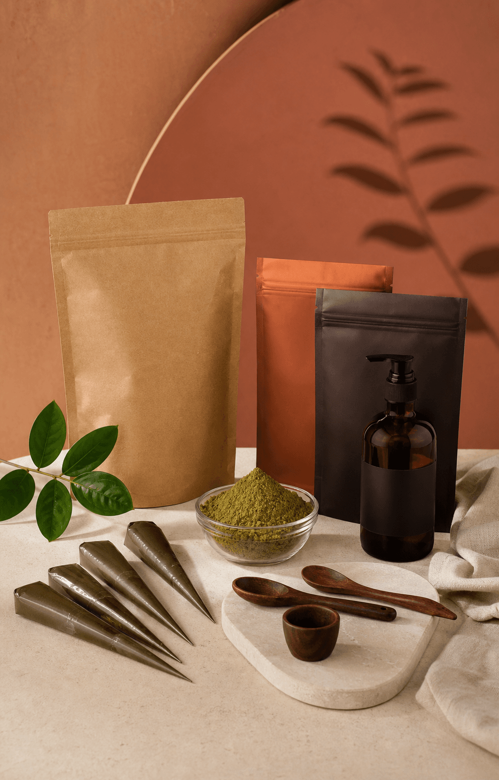 Henna powder and prepared cones displayed as body-art product options